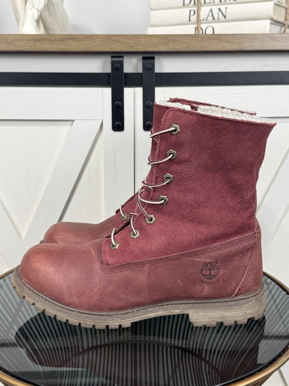 Timberland Womens Size 10 Burgundy Red Leather Fleece Waterproof Boots A119N